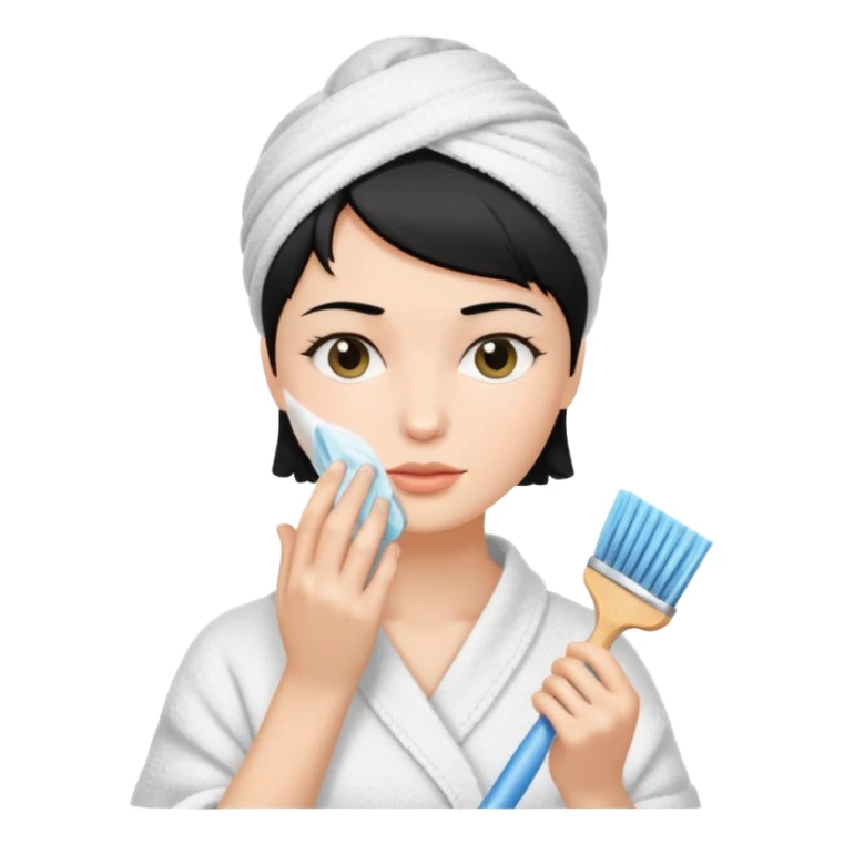 a white woman who has black short hair cleaning her face sticker