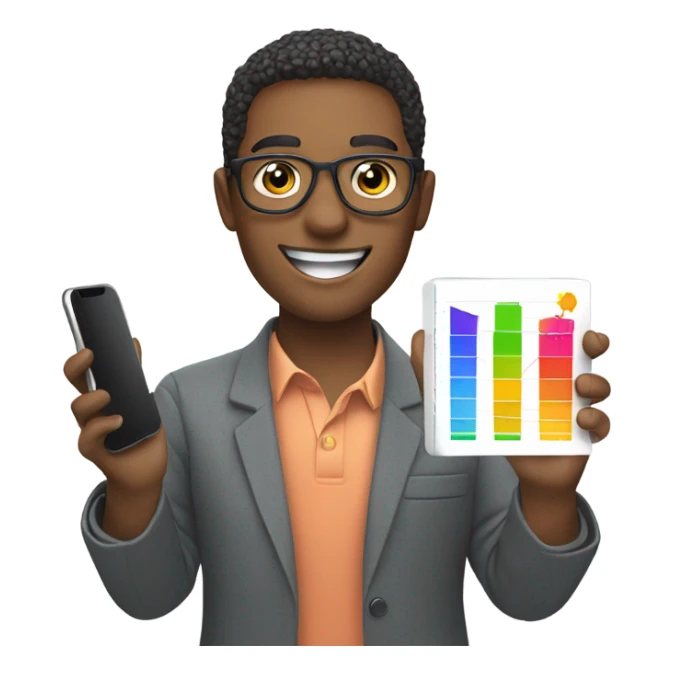 smiling person smartphone showing charts sticker