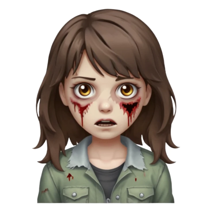 Uma menina zombie com um cabelo ondulado médio, com a franja pro lado esquerdo, o cabelo com cor castanho  sticker