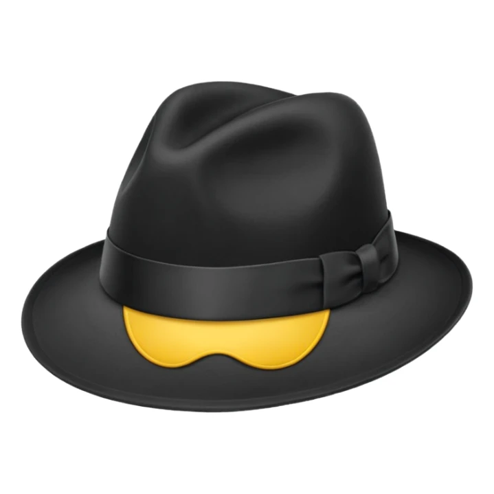 Black fedora hat with wide brim and ribbon, realistic, isolated, transparent background, emoji style sticker