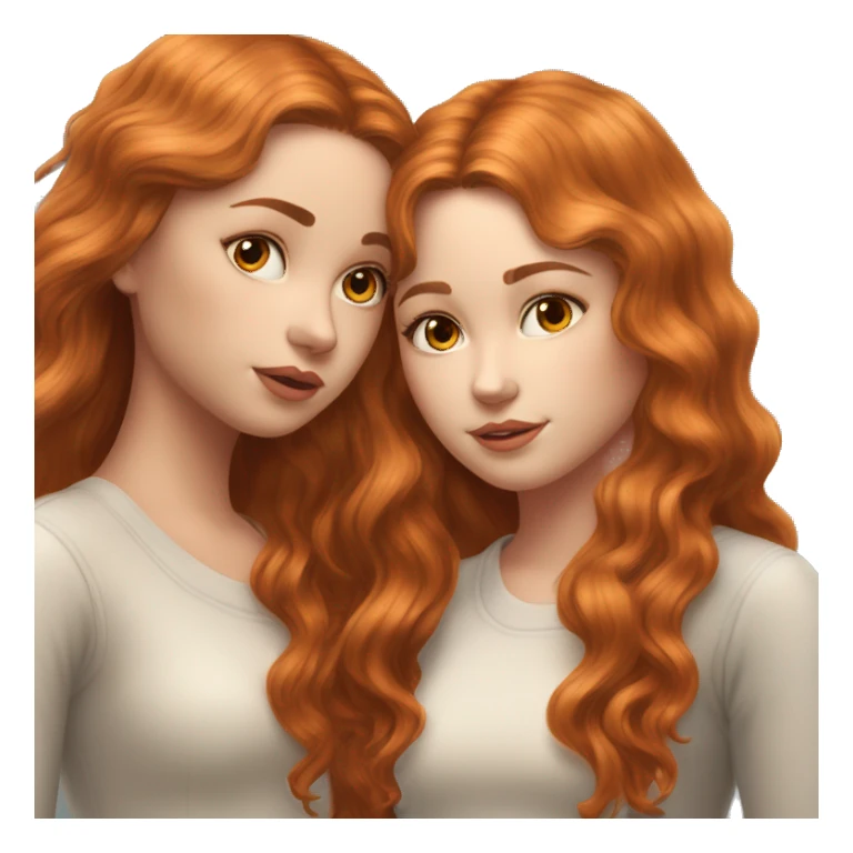 serene two white girls. one has wavy brunette hair and the other has natural soft orange hair delicate fringe. standing together kissing in gentle light. calm and content. hyper-realistic soft textures fine details glow on skin sticker