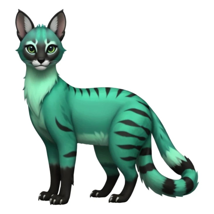 Colorful seafoam-green, black-pointed, tropical tribal glorious iridescent divine exotic cute cool beautiful beautiful fantasy-caracal-civet-genet-sergal-vernid-Gryphon-Cacomistle-Trico-oncilla-animal-Fakémon-hybrid-fursona (full body) sticker