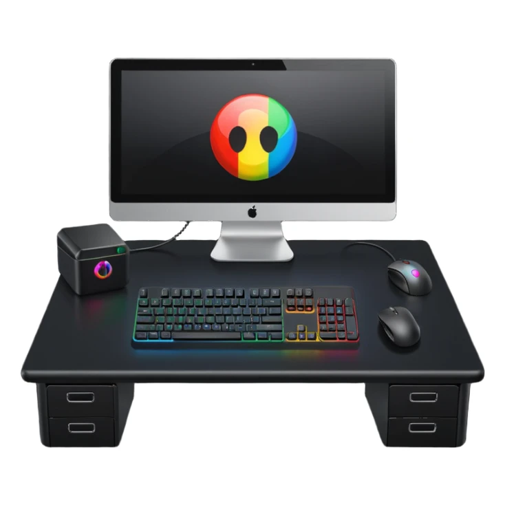 rgb gaming computer on black desk with a black keyboard and mouse sticker