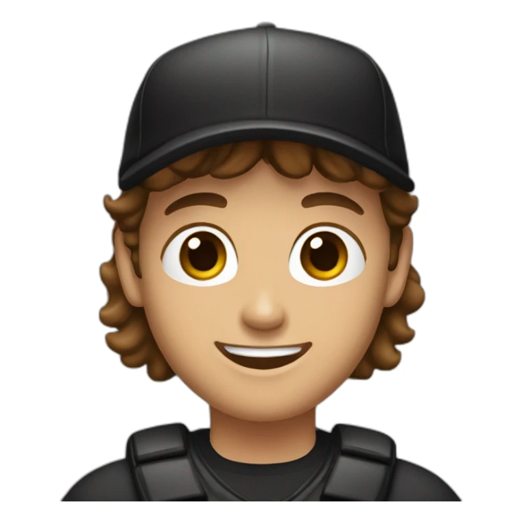 Lady brown haired man, light stubble with black baseball cap, happy sticker
