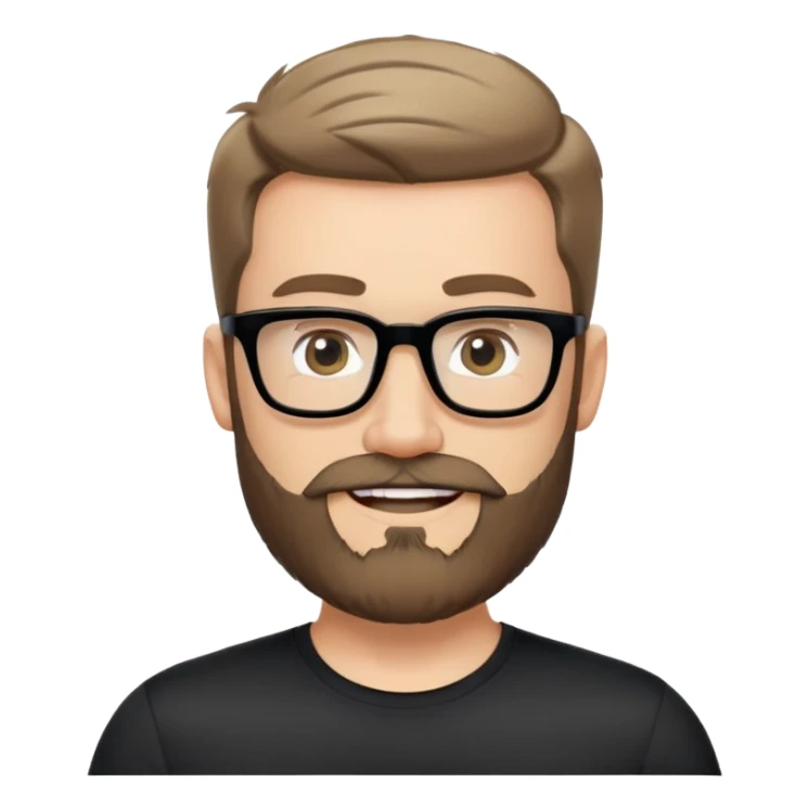 Caucasian man with complete beard, short hair styled up, large black eyeglasses, cheerful expression, black athletic shirt sticker