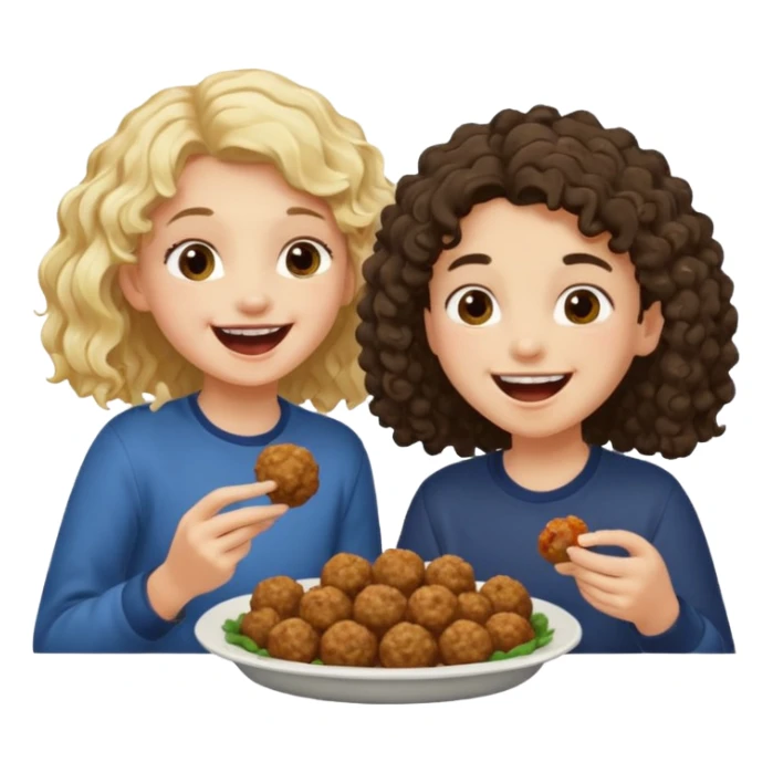 Ragazza bionda leggermente riccia e lunghi che ride ad un ragazzo con i capelli ricci scuri mentre mangia polpette sticker