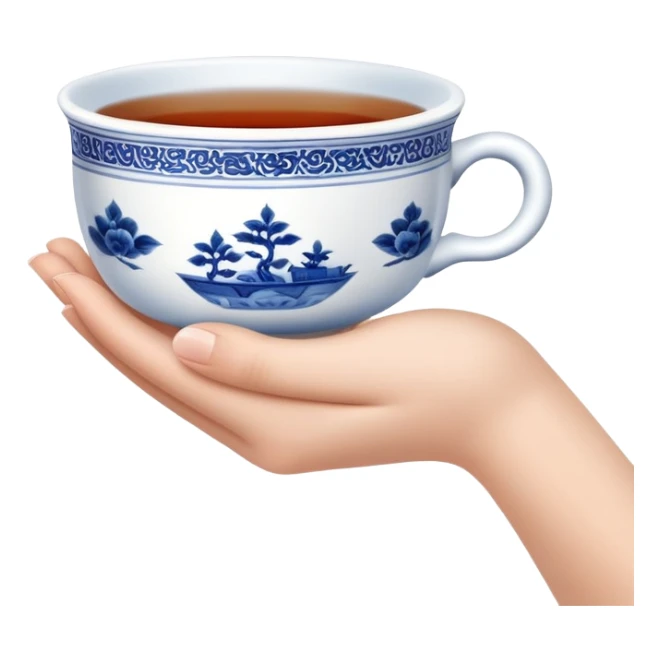 hand holding a traditional Chinese blue and white porcelain tea cup without handle sticker
