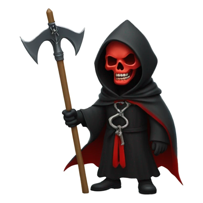 grim reaper wearing a black robe with a red inside. wearing a thorn crown. holding a bloody scythe in his left hand. holding a all black trident in his right hand. sticker