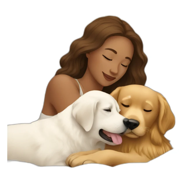 Woman in white bed cuddling a golden retriever sticker