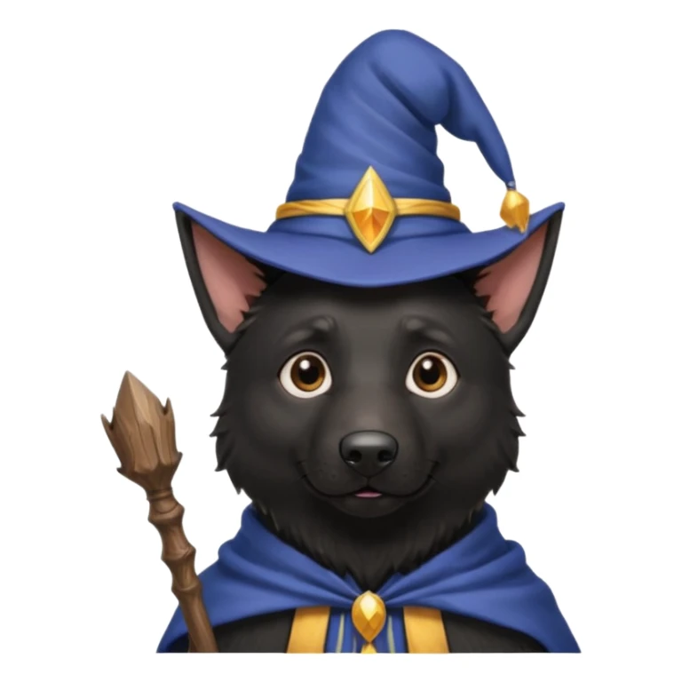 all black german shepherd face wearing a wizard hat and staff sticker