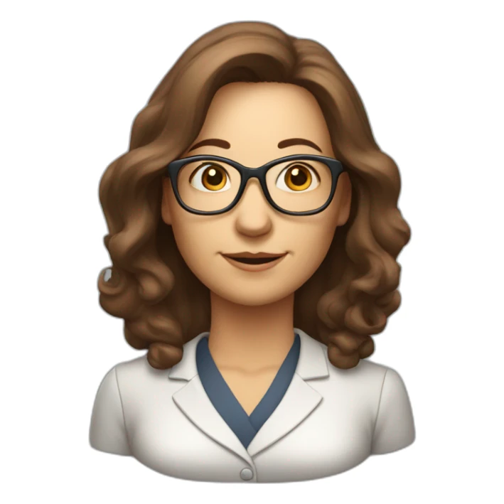 middle-aged accounting woman with brown longhair, a bang, glasses and a loop sticker