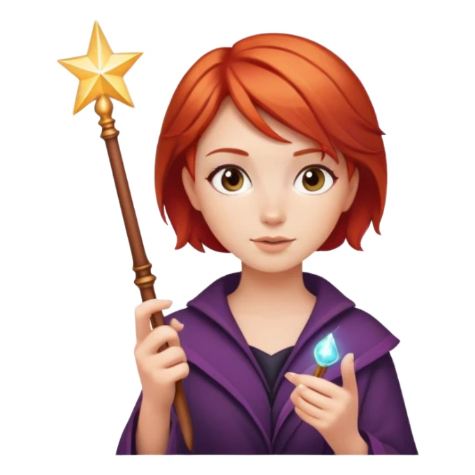 Red-haired girl with short hair with a magic wand sticker