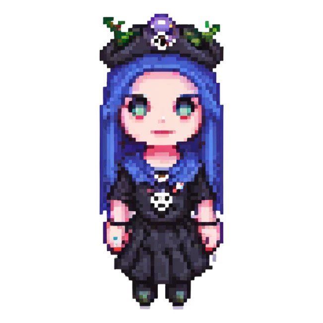 Remove the background while preserving the retro and vibrant pixel art style. Add goth accessories to the character. sticker