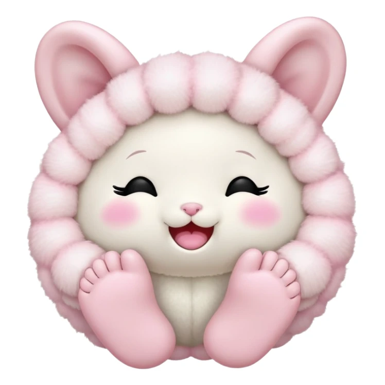 a fluffy toy with a light pink colored shell and ears and a white face and feet, with a cute black closed eyes and mouth sticker