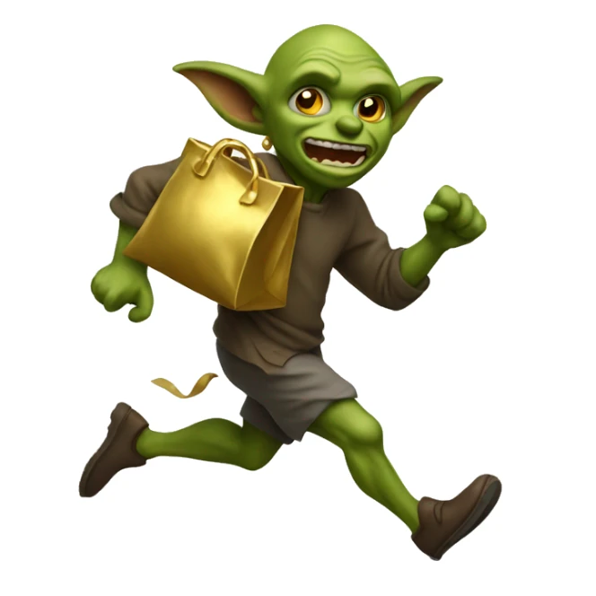 a goblin running with a bag full of gold sticker