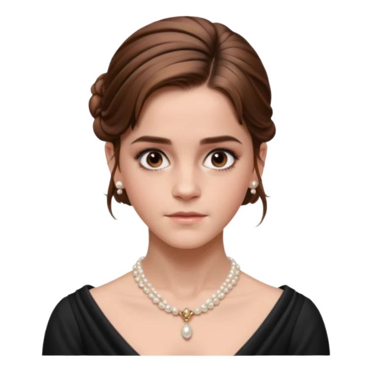 Cinematic Emma Watson Realistic Rococo Portrait, depicted with lifelike skin texture, subtle rosy undertones, and soft natural lighting that enhances the gentle contours of her face. Her intricately detailed brown hair is elegantly styled in an updo, sticker