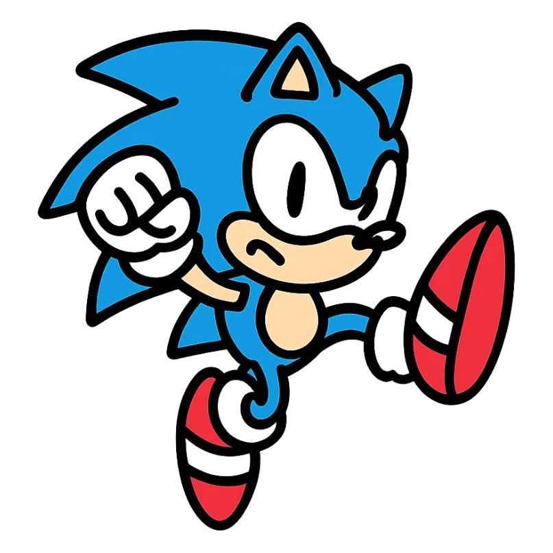 Sonic the Hedgehog, jumping, dynamic action pose, bold colors, stylized sticker