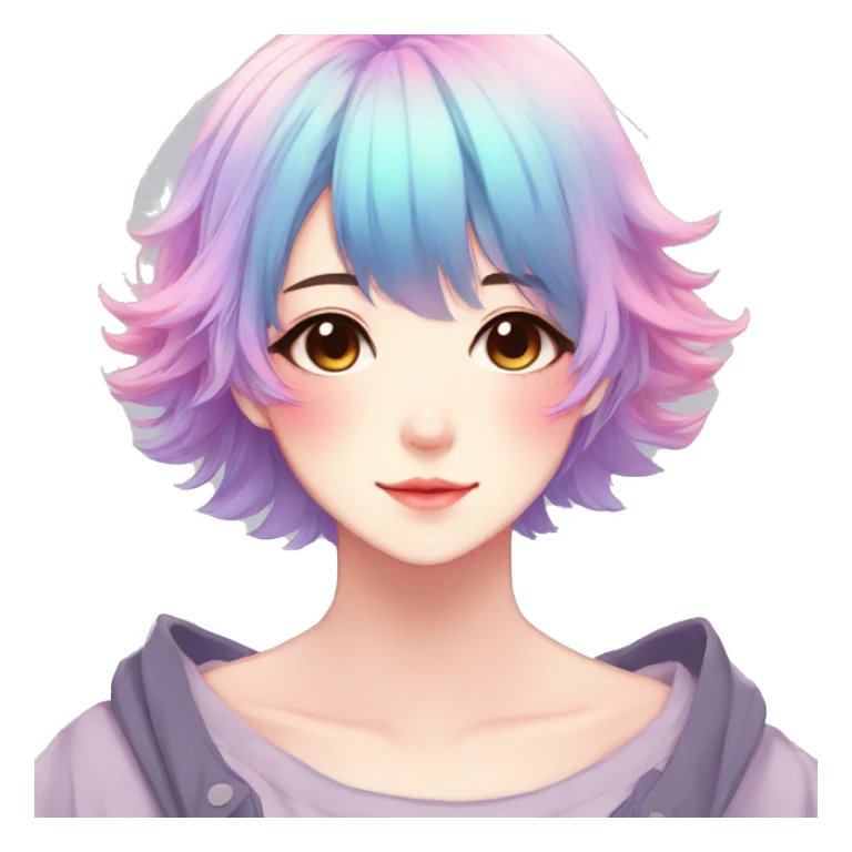 Gorgeous anime style shojo character with blushing face aesthetic and pretty colorful shiny gradient pastel hair trending style sticker