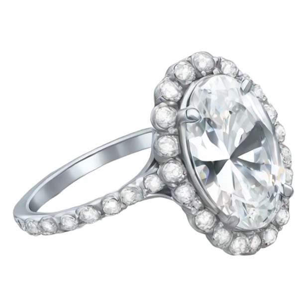 Silver engagement ring a huge large oval diamond surrounded by halo of smaller diamonds sticker