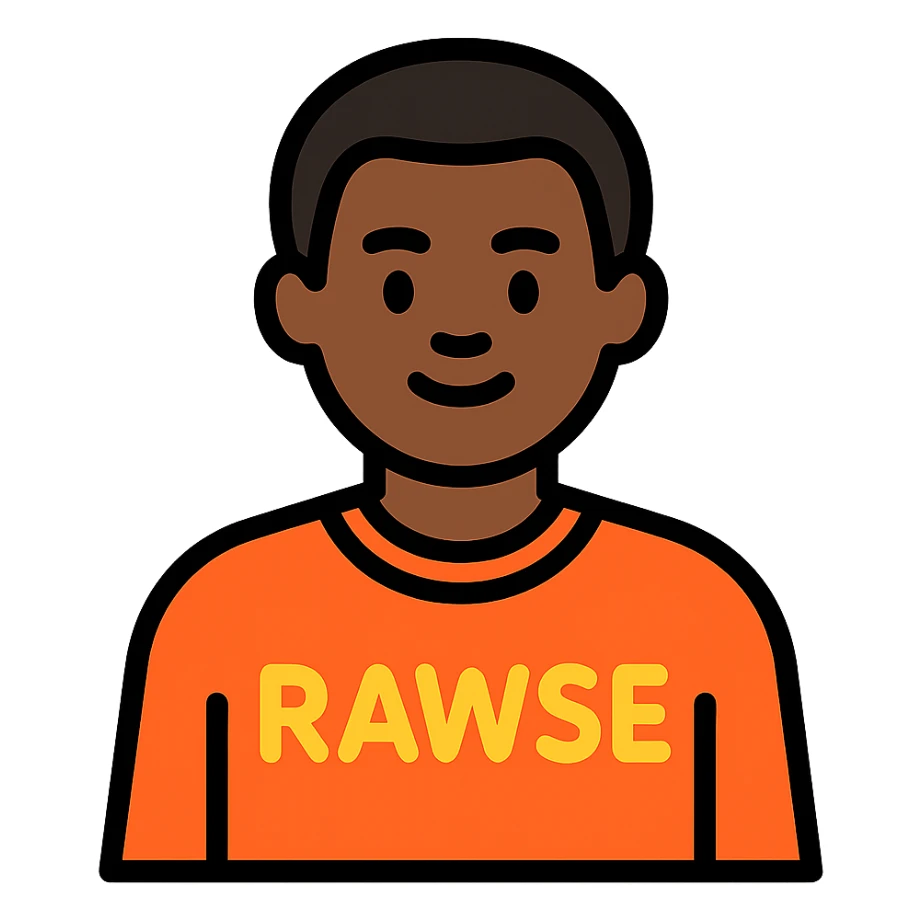 Black person in a sweater with 'rawse' text sticker