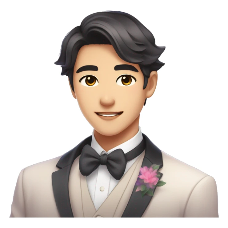 Gorgeous romantic anime style Asian formal modern gentlemanly guy with and flowers and blushing face aesthetic trending style outside with colorful gradient colors sticker