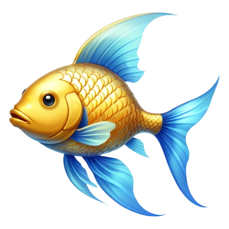 Ethereal golden fish symbol glowing with soft radiance, surrounded by a subtle blue aura. The fish has flowing, graceful lines with shimmering scales and translucent fins that appear to be moving in water. sticker