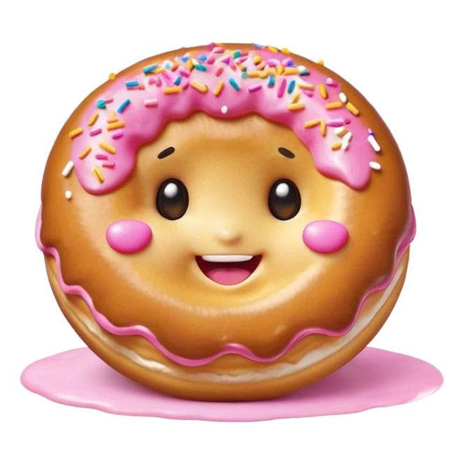 Cinematic tiny happy donut, round and fluffy, golden brown with pink icing and sprinkles, tiny adorable face with blushing cheeks, warm glowing background. sticker