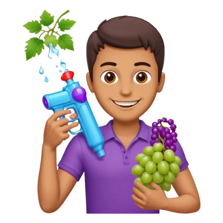 guy holding water gun and grapes with a creepy smile sticker