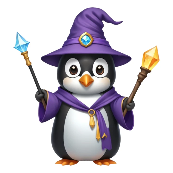 A penguin wearing a wizard hat and robe, holding a magic wand sticker