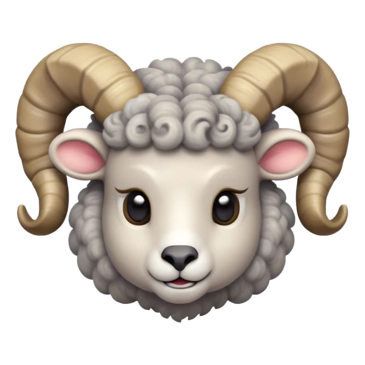 Cinematic Cute Ram Portrait Emoji, Head tilted playfully and inquisitively, featuring a dense, woolly grey fur with charming curled horns, round, sparkling dark eyes filled with curiosity, Simplified yet irresistibly adorable features, highly detailed, glowing with a warm, friendly glow, high shine, affectionate and spirited, stylized with a touch of rugged whimsy, bright and endearing, soft glowing outline, capturing the essence of a mischievous yet loving ram, so playful it feels like it could butt its way out of the screen and into your arms! sticker