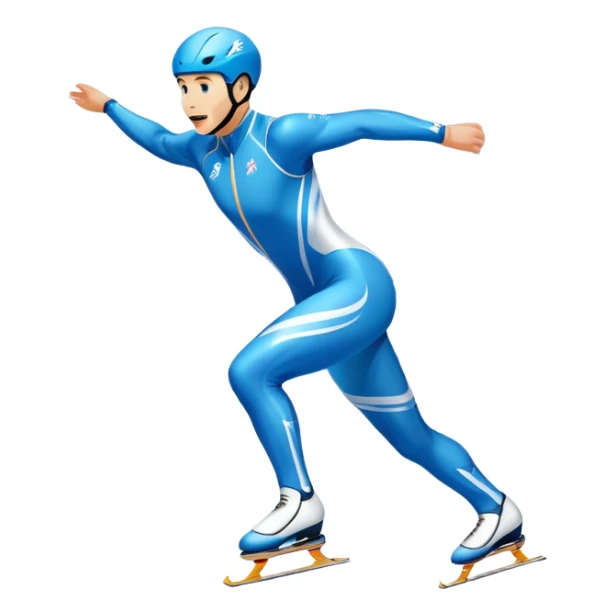 An icon showing a speed skater in a dynamic pose racing on a professional ice track, dressed in an aerodynamic suit. The scene includes a stadium with cheering crowds, icy reflections, and a snowy mountain backdrop. Transparent background captures the speed and intensity of the sport. sticker