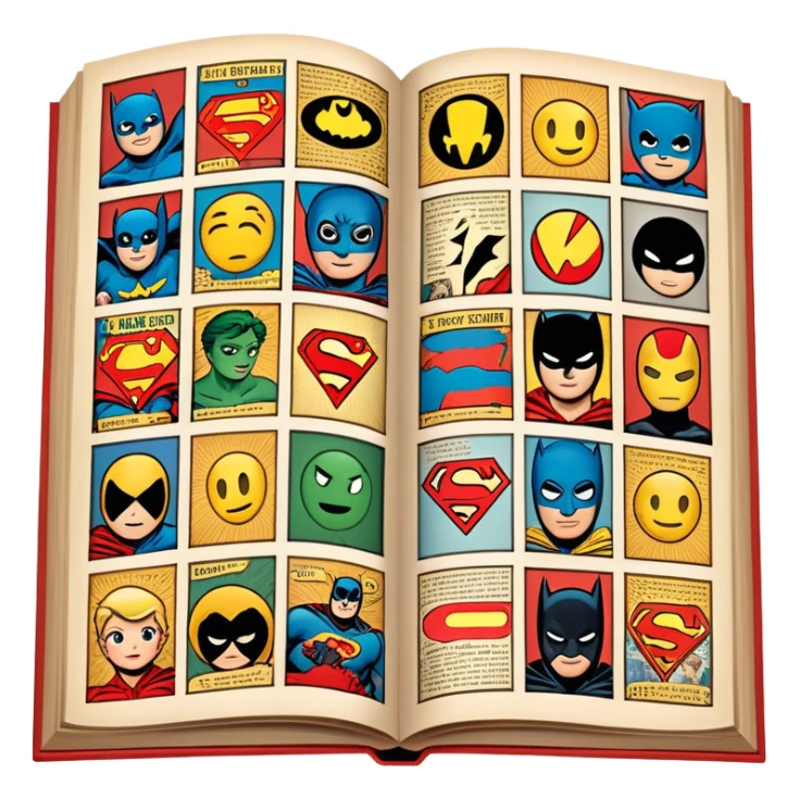 detailed and vintage-inspired emoji representing comic books and graphic novels as a storytelling art form. a large, open comic book with pages filled with classic American comic book panels. classic feel of old-school comic books a graphic novel. background transparent sticker