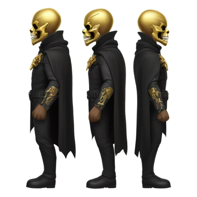 Bounty Hunter Boss with black cape and a gold skull jaw mask from death Stranding, full body view sticker