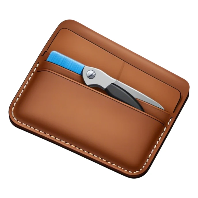 Leatherworking icon, piece of raw leather being transformed into a leather wallet or belt, stitching tools, engraving tool, minimalistic style, clean lines, transparent background. sticker