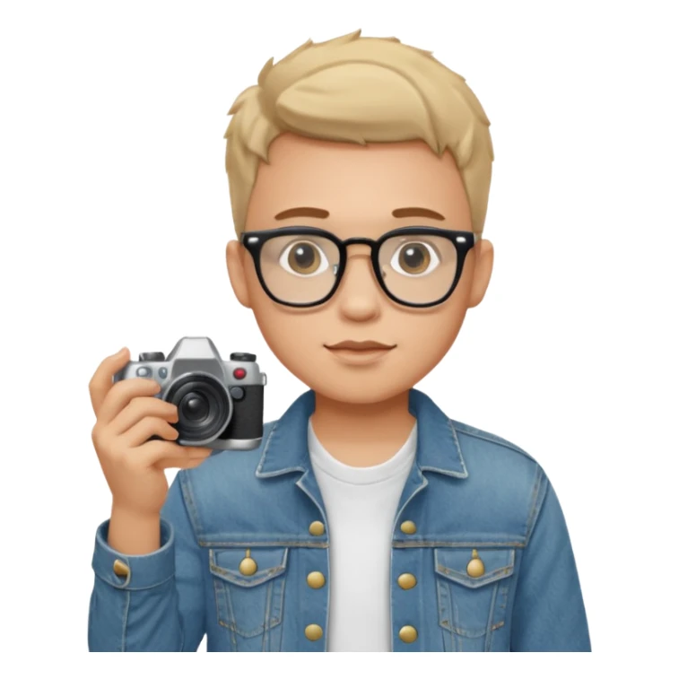 Young male, holding camera, jean jacket with white t-shirt inside, glasses


 sticker