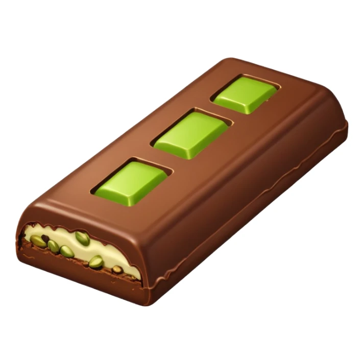 a half-eaten chocolate bar. chocolate filling - pistachio paste green sticker
