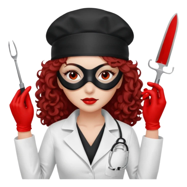 


Scary woman scalpel in hand, evil surgeon sexy surgeon clothes.  She has redcolored  eyes. Her  hair only is free ne brown long curly hair. Wears sexy doctor outfit with red gloves. make her wear full ski mask yo mask and nose mouth mask  to hide. Wears white surgeon coat, wears  stilettos sticker