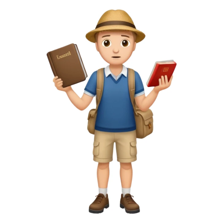 confused tourist full body, normal clothes, with a German dictionary sticker