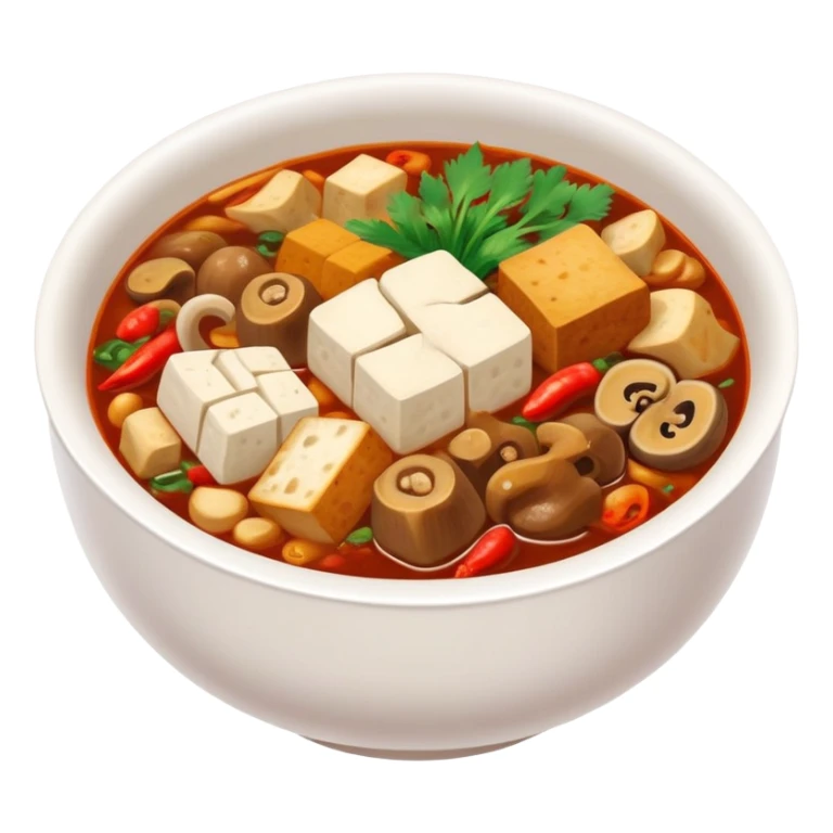 Chengdu Maocai spicy assorted ingredients in bowl, simplified emoji style with bold outlines and bright colors, cartoon style Sichuan street stew sticker