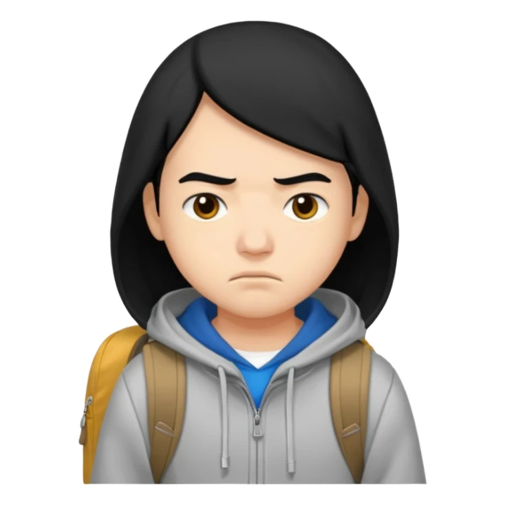 college student with annoyed face , black hair , with hoodie and backpack sticker