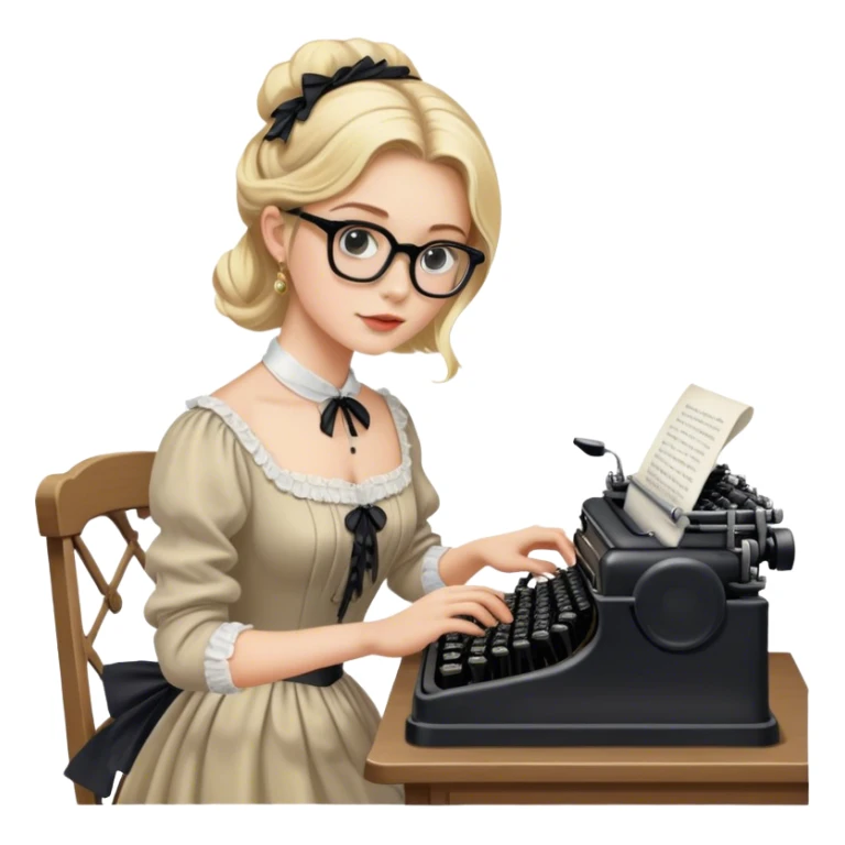 Blonde model wearing glasses and a Victorian gown typing on a black typewriter at an old desk sticker