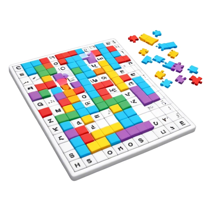 A photorealistic icon with a colorful, fragmented crossword magazine, a 3D puzzle, and a partially completed puzzle on a table. Bright, detailed design with realistic lighting. Transparent background, clearly symbolizing puzzles and brain games. sticker