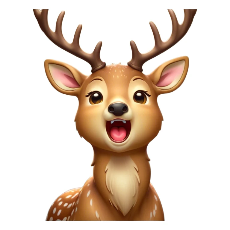 Cinematic Cute Yawning Deer Portrait Emoji, Head tilted slightly with a dramatic, wide-open yawn, revealing a soft, dappled coat and elegantly drooping ears, eyes barely open in drowsy contentment, Simplified yet irresistibly adorable features, highly detailed, glowing with a soft, cozy glow, high shine, relaxed yet expressive, stylized with a touch of natural whimsy, bright and endearing, soft glowing outline, capturing the essence of a sleepy yet affectionate deer, so drowsy it feels like it could stretch right out of the screen and curl up for a nap! sticker
