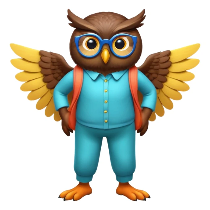 friendly anthropomorphised night owl with wings instead of arms, colourful pants and shirt, wearing glasses, walking upright, night owl features and colours, unique pose 1 sticker