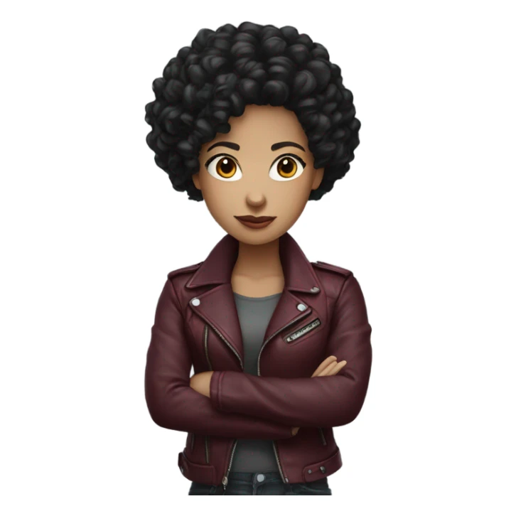 Black curly hair girl wearing a burgundy biker jacket sticker