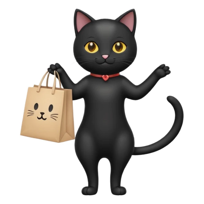 A cute black cat standing on two legs, happily running while holding a shopping bag. Minimalist emoji style, clean vector look, soft colors, rounded shapes, and expressive face sticker