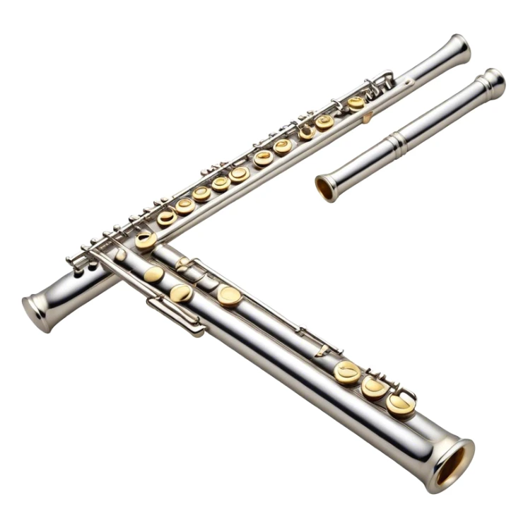 Cinematic Realistic Flute, polished silver metal with precise keywork, warm golden reflections dancing along its surface, soft hands carefully positioned over the keys, glowing with an elegant and airy charm. sticker