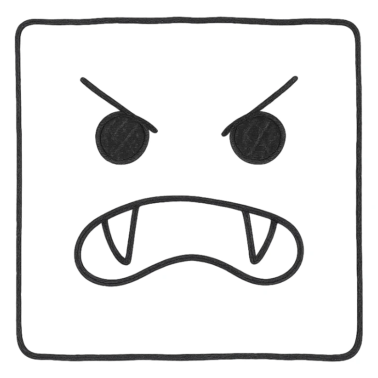 black square button with an angry face with black eyes, smile, and fangs, hand-drawn outlined icon sticker
