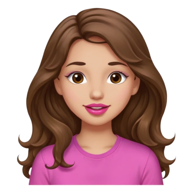 girl with long wavy brown hair, brown eyes, light to medium complexion, in a pink shirt, pink lips, long lashes, puckering up for a kiss, kiss lips sticker