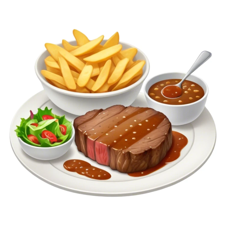 big juicy australian steak meal featuring chips, small salad in a ramikan and gravy in a small bowl on the plate sticker